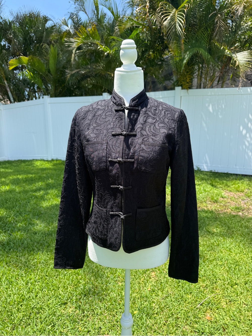 Lucky Brand Black Embroidered Mandarin-Collar Jacket